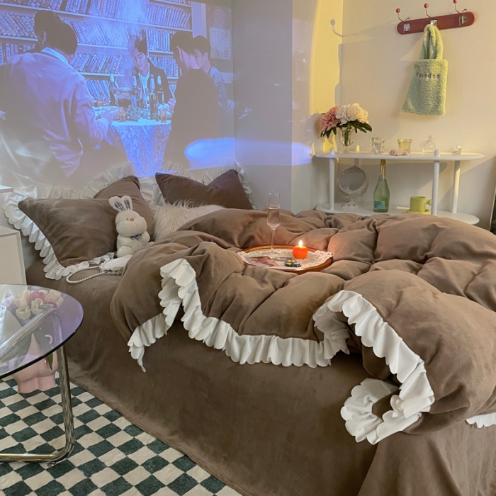 91家纺网 家纺一手货源 找家纺 千朵 2021新款法莱绒加厚牛奶绒四件套 米咖