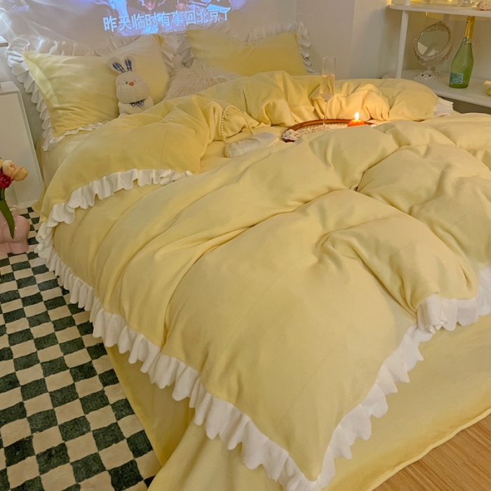 91家纺网 家纺一手货源 找家纺 千朵 2021新款法莱绒加厚牛奶绒四件套 米月黄