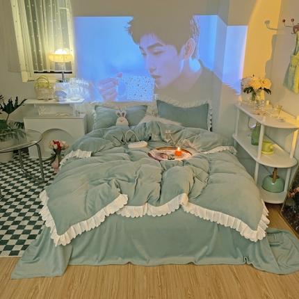 91家纺网 家纺一手货源 找家纺 千朵 2021新款法莱绒加厚牛奶绒四件套 嫩荷绿