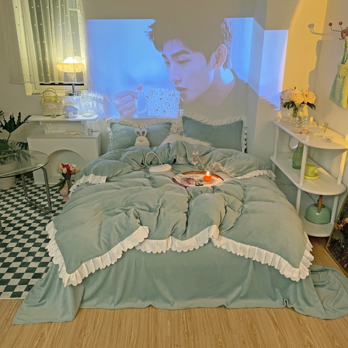 91家纺网 家纺一手货源 找家纺 千朵 2021新款法莱绒加厚牛奶绒四件套 嫩荷绿