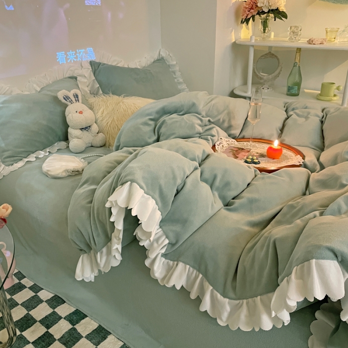 91家纺网 家纺一手货源 找家纺 千朵 2021新款法莱绒加厚牛奶绒四件套 嫩荷绿