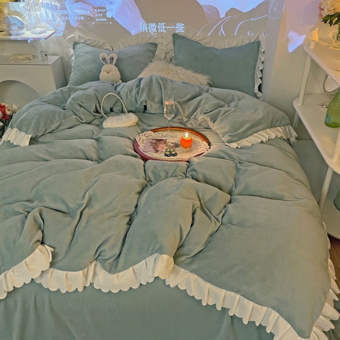 91家纺网 家纺一手货源 找家纺 千朵 2021新款法莱绒加厚牛奶绒四件套 嫩荷绿