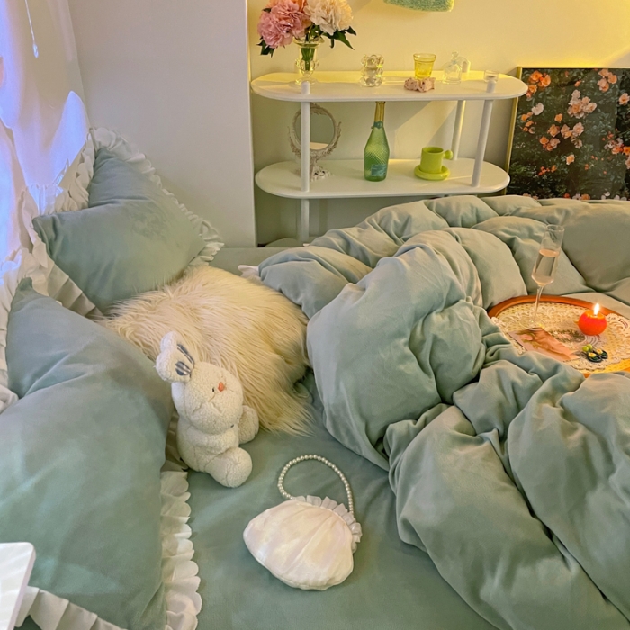 91家纺网 家纺一手货源 找家纺 千朵 2021新款法莱绒加厚牛奶绒四件套 嫩荷绿