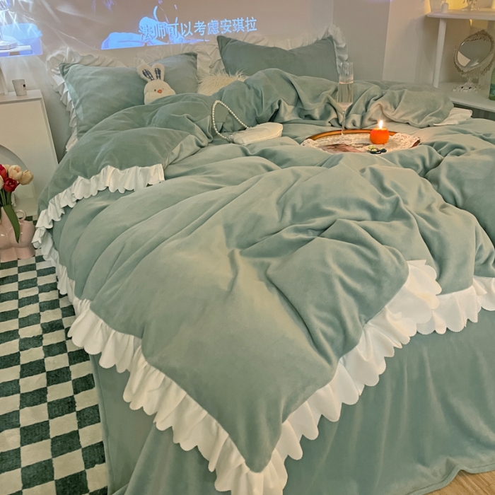 91家纺网 家纺一手货源 找家纺 千朵 2021新款法莱绒加厚牛奶绒四件套 嫩荷绿