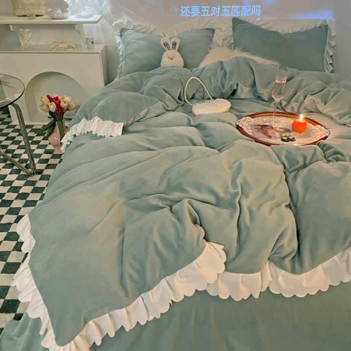 91家纺网 家纺一手货源 找家纺 千朵 2021新款法莱绒加厚牛奶绒四件套 嫩荷绿