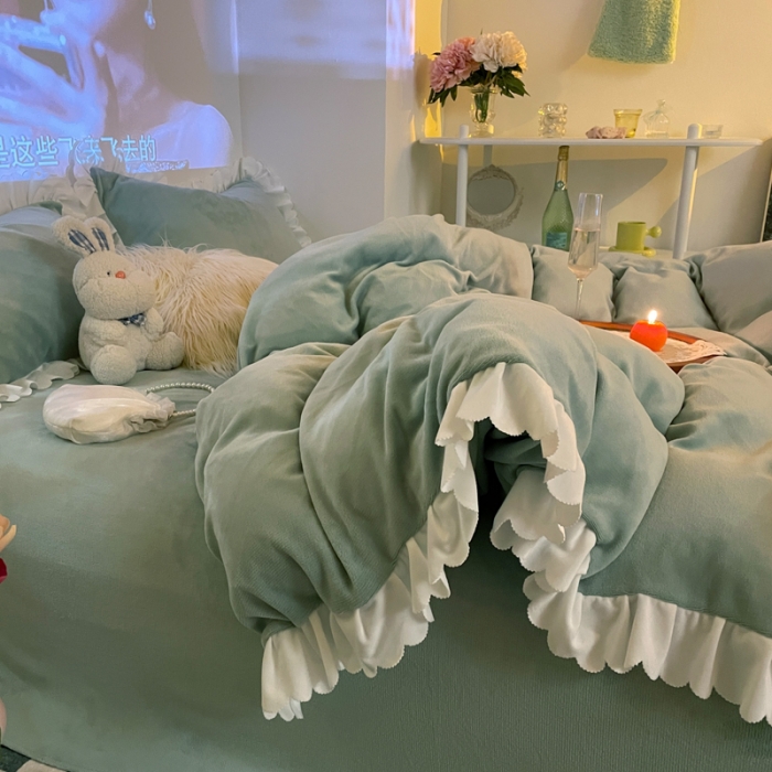 91家纺网 家纺一手货源 找家纺 千朵 2021新款法莱绒加厚牛奶绒四件套 嫩荷绿