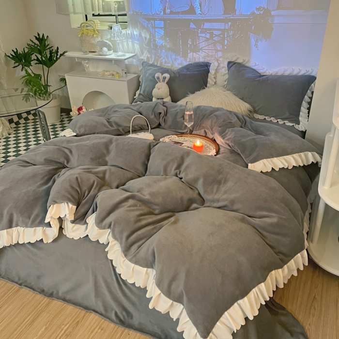 91家纺网 家纺一手货源 找家纺 千朵 2021新款法莱绒加厚牛奶绒四件套 深兰灰