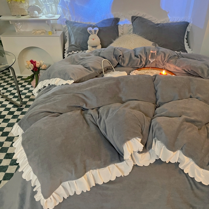 91家纺网 家纺一手货源 找家纺 千朵 2021新款法莱绒加厚牛奶绒四件套 深兰灰