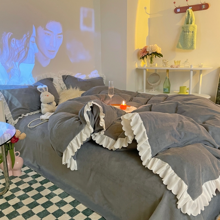 91家纺网 家纺一手货源 找家纺 千朵 2021新款法莱绒加厚牛奶绒四件套 深兰灰