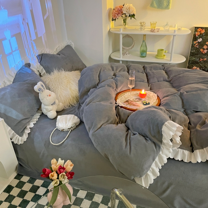 91家纺网 家纺一手货源 找家纺 千朵 2021新款法莱绒加厚牛奶绒四件套 深兰灰