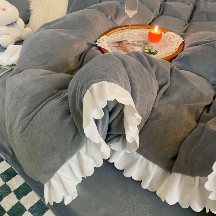 91家纺网 家纺一手货源 找家纺 千朵 2021新款法莱绒加厚牛奶绒四件套 深兰灰