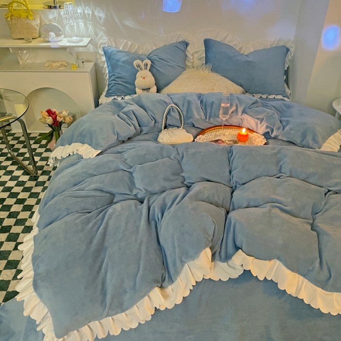 91家纺网 家纺一手货源 找家纺 千朵 2021新款法莱绒加厚牛奶绒四件套 天空蓝