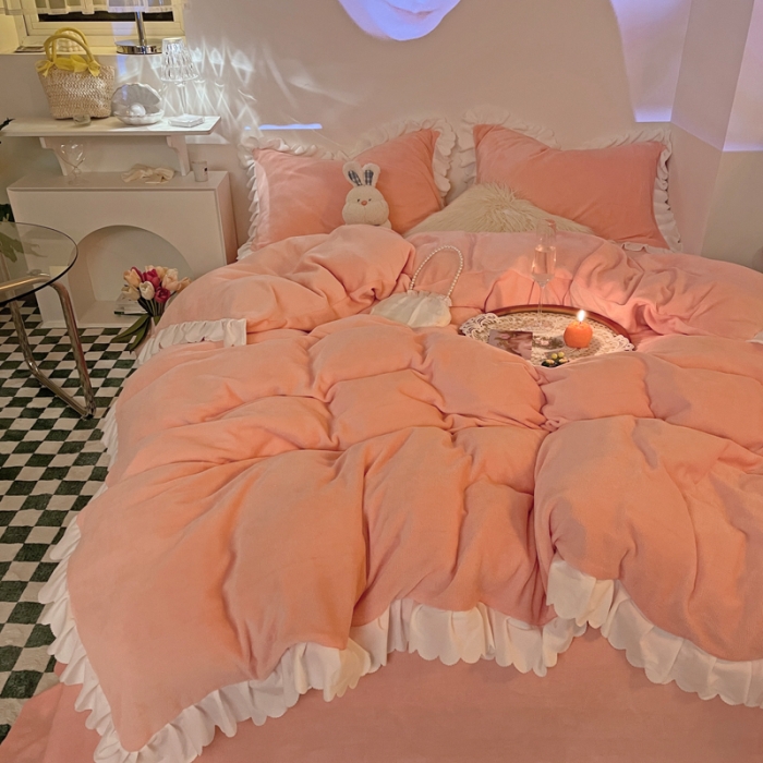 91家纺网 家纺一手货源 找家纺 千朵 2021新款法莱绒加厚牛奶绒四件套 香叶玉