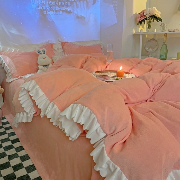 91家纺网 家纺一手货源 找家纺 千朵 2021新款法莱绒加厚牛奶绒四件套 香叶玉