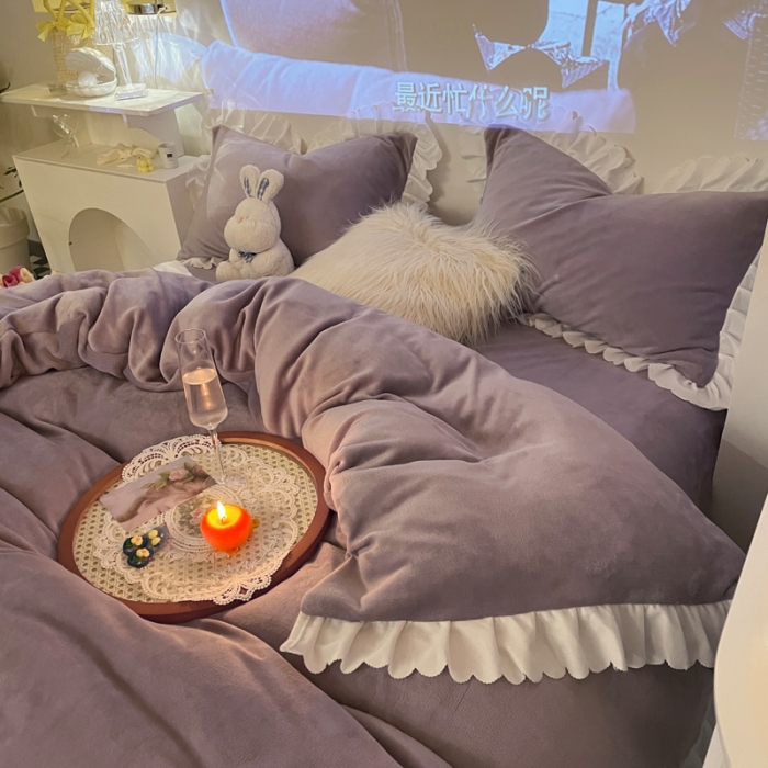 91家纺网 家纺一手货源 找家纺 千朵 2021新款法莱绒加厚牛奶绒四件套 香芋紫