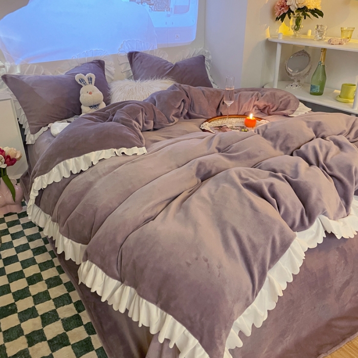 91家纺网 家纺一手货源 找家纺 千朵 2021新款法莱绒加厚牛奶绒四件套 香芋紫