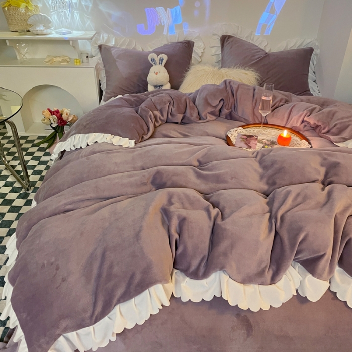 91家纺网 家纺一手货源 找家纺 千朵 2021新款法莱绒加厚牛奶绒四件套 香芋紫