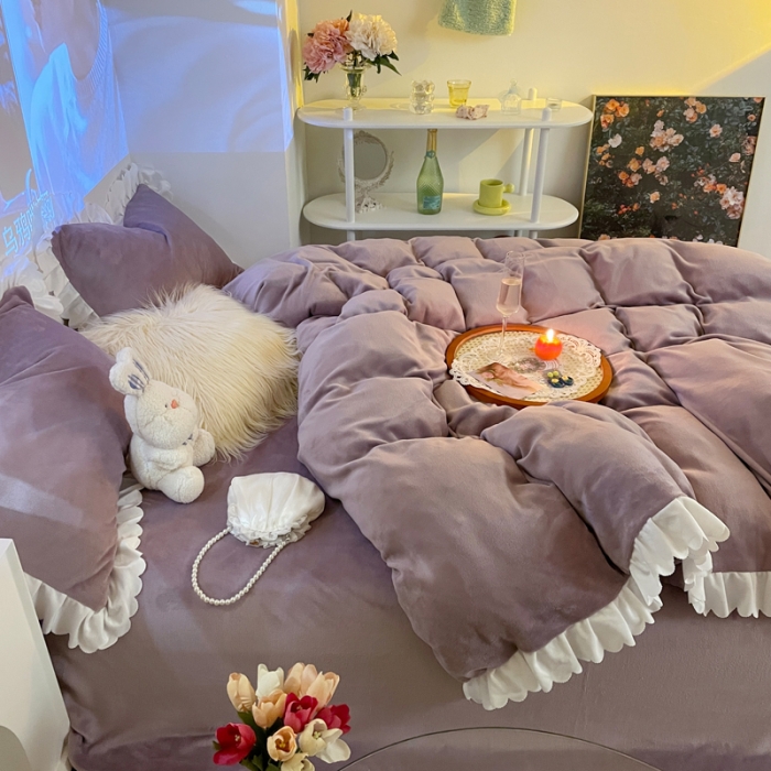 91家纺网 家纺一手货源 找家纺 千朵 2021新款法莱绒加厚牛奶绒四件套 香芋紫