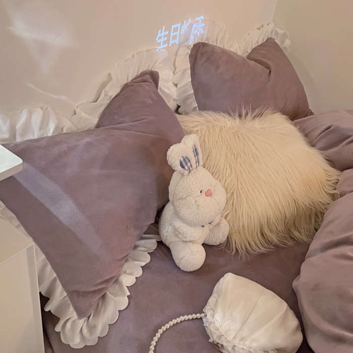 91家纺网 家纺一手货源 找家纺 千朵 2021新款法莱绒加厚牛奶绒四件套 香芋紫