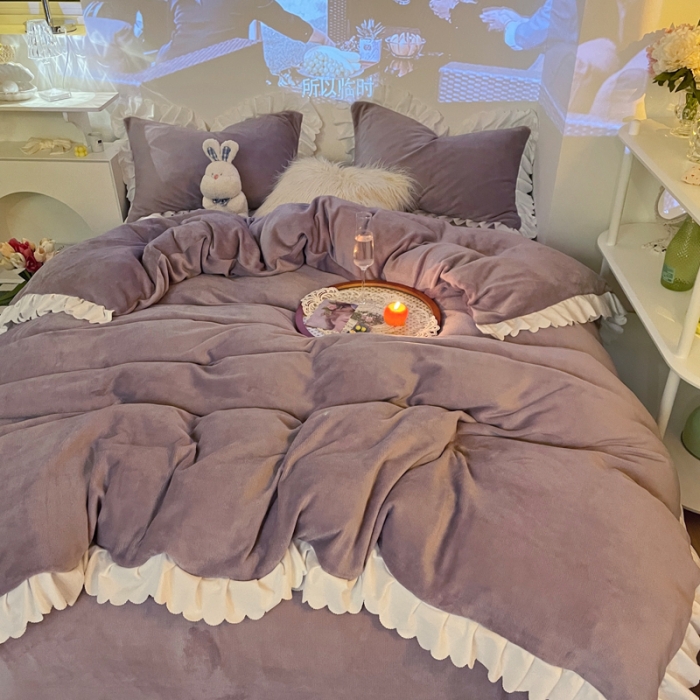 91家纺网 家纺一手货源 找家纺 千朵 2021新款法莱绒加厚牛奶绒四件套 香芋紫