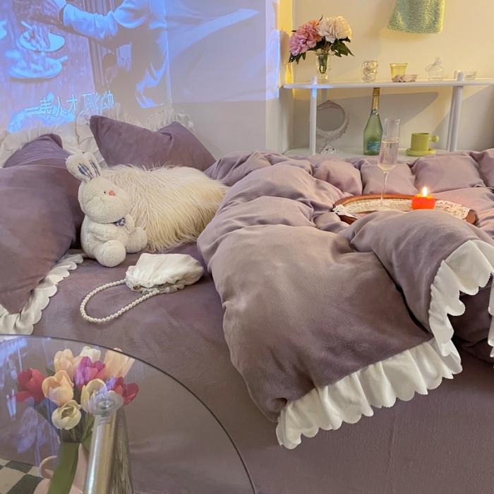 91家纺网 家纺一手货源 找家纺 千朵 2021新款法莱绒加厚牛奶绒四件套 香芋紫