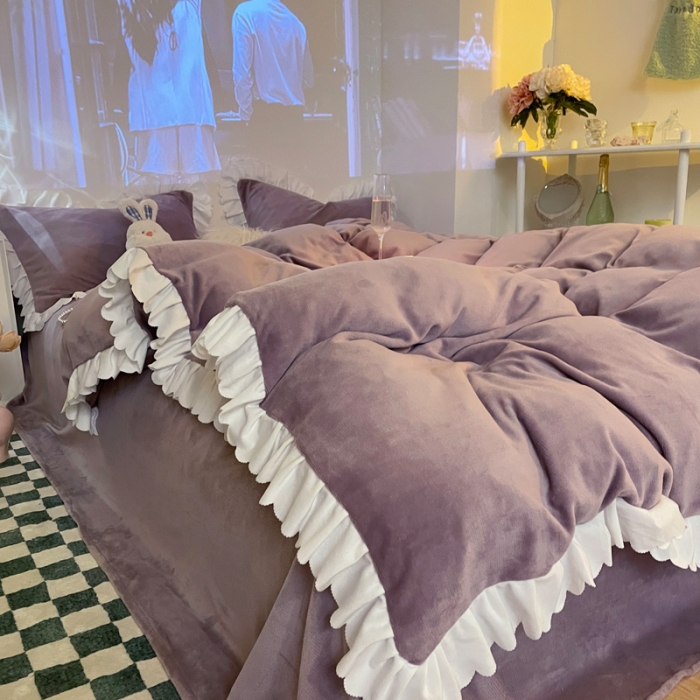 91家纺网 家纺一手货源 找家纺 千朵 2021新款法莱绒加厚牛奶绒四件套 香芋紫