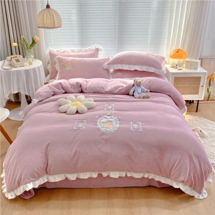 91家纺网 家纺一手货源 找家纺 （总）星尚 高品质牛奶绒绣花四件套加厚法莱宝宝婴儿绒-乖乖熊