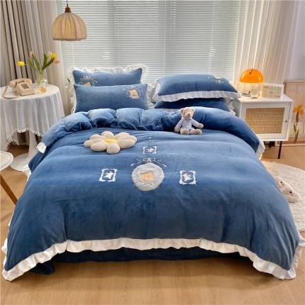 91家纺网 家纺一手货源 找家纺 星尚 高品质牛奶绒绣花四件套加厚法莱宝宝婴儿绒-乖乖熊 莫蓝