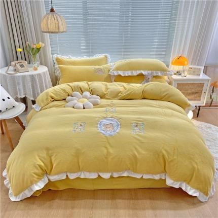 91家纺网 家纺一手货源 找家纺 星尚 高品质牛奶绒绣花四件套加厚法莱宝宝婴儿绒-乖乖熊 暖黄