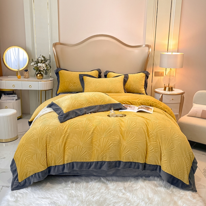 91家纺网 家纺一手货源 找家纺 吾秀 2021秋冬新款银杏雕花绒四件套 杏叶黄