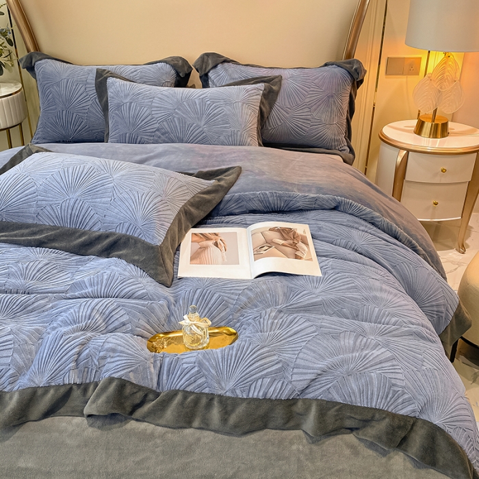 91家纺网 家纺一手货源 找家纺 吾秀 2021秋冬新款银杏雕花绒四件套 杏叶灰