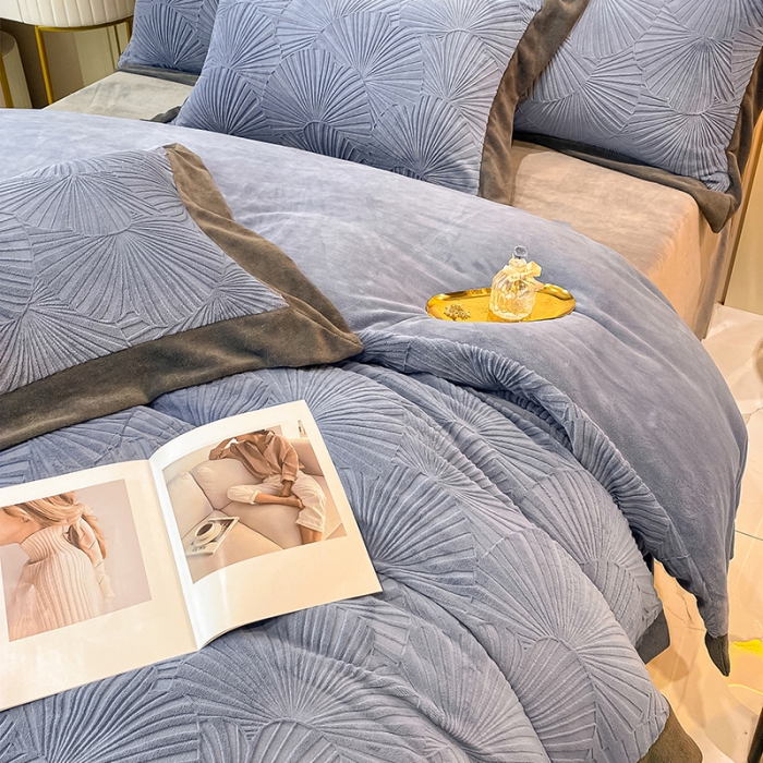 91家纺网 家纺一手货源 找家纺 吾秀 2021秋冬新款银杏雕花绒四件套 杏叶灰