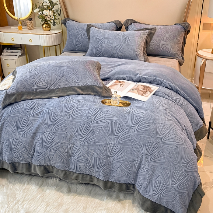 91家纺网 家纺一手货源 找家纺 吾秀 2021秋冬新款银杏雕花绒四件套 杏叶灰