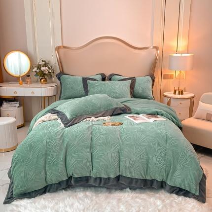 吾秀 2021秋冬新款银杏雕花绒四件套 杏叶绿