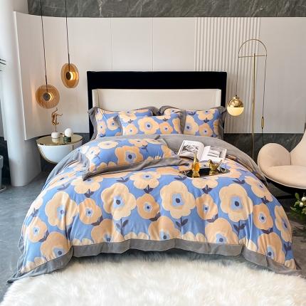 91家纺网 家纺一手货源 找家纺 吾秀 2021秋冬新款三维彩雕绒四件套 花艺-蓝