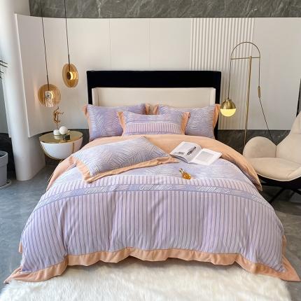 91家纺网 家纺一手货源 找家纺 吾秀 2021秋冬新款三维彩雕绒四件套 叶素-蓝灰