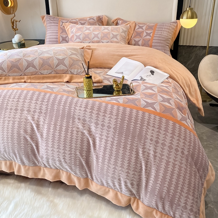 91家纺网 家纺一手货源 找家纺 吾秀 2021秋冬新款三维彩雕绒四件套 安蒂亚-桔红