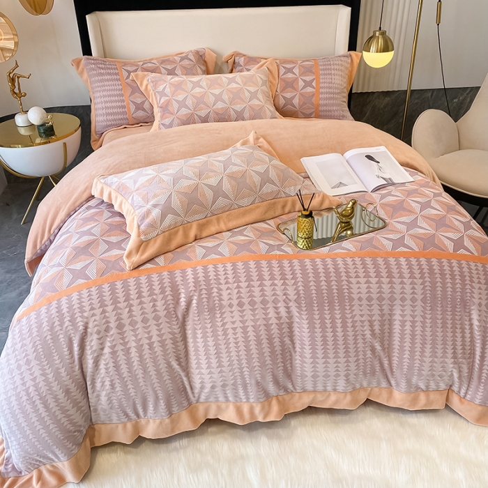 91家纺网 家纺一手货源 找家纺 吾秀 2021秋冬新款三维彩雕绒四件套 安蒂亚-桔红