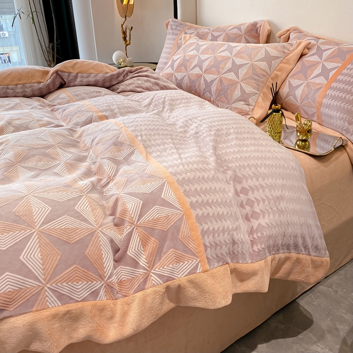 91家纺网 家纺一手货源 找家纺 吾秀 2021秋冬新款三维彩雕绒四件套 安蒂亚-桔红