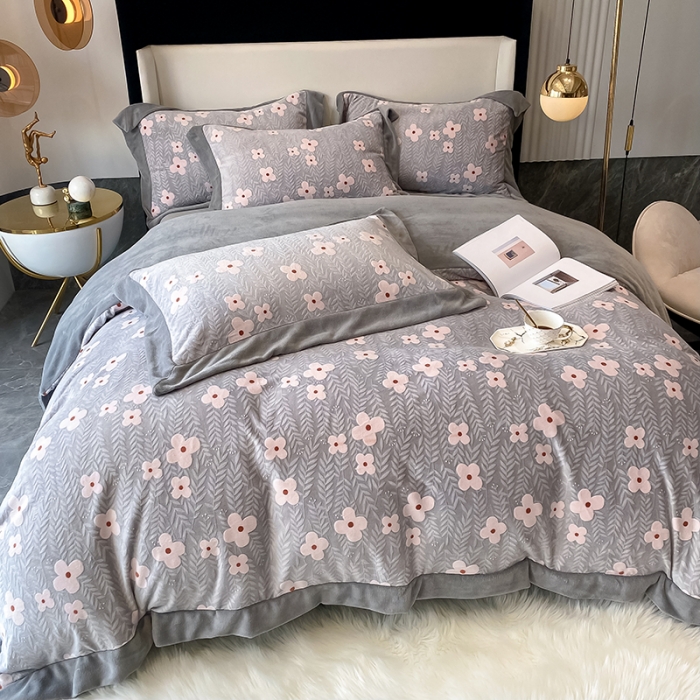 91家纺网 家纺一手货源 找家纺 吾秀 2021秋冬新款三维彩雕绒四件套 淡香伊人-灰