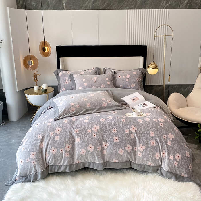 91家纺网 家纺一手货源 找家纺 吾秀 2021秋冬新款三维彩雕绒四件套 淡香伊人-灰