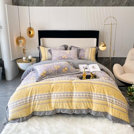 吾秀 2021秋冬新款三维彩雕绒四件套 花田印象-黄灰