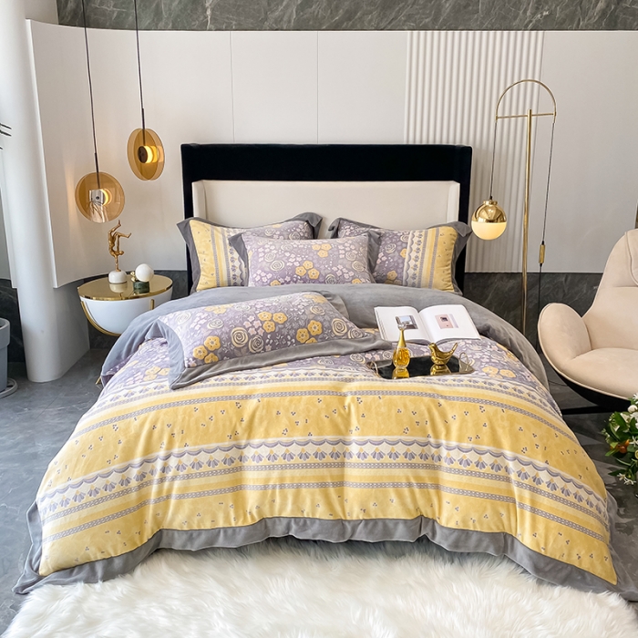 91家纺网 家纺一手货源 找家纺 吾秀 2021秋冬新款三维彩雕绒四件套 花田印象-黄灰