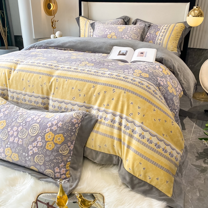 91家纺网 家纺一手货源 找家纺 吾秀 2021秋冬新款三维彩雕绒四件套 花田印象-黄灰