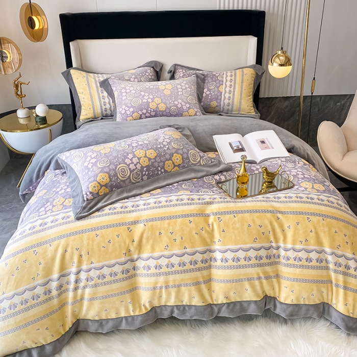 91家纺网 家纺一手货源 找家纺 吾秀 2021秋冬新款三维彩雕绒四件套 花田印象-黄灰