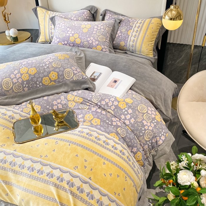 91家纺网 家纺一手货源 找家纺 吾秀 2021秋冬新款三维彩雕绒四件套 花田印象-黄灰