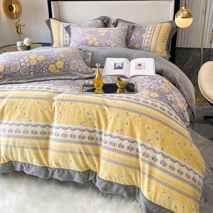 91家纺网 家纺一手货源 找家纺 吾秀 2021秋冬新款三维彩雕绒四件套 花田印象-黄灰