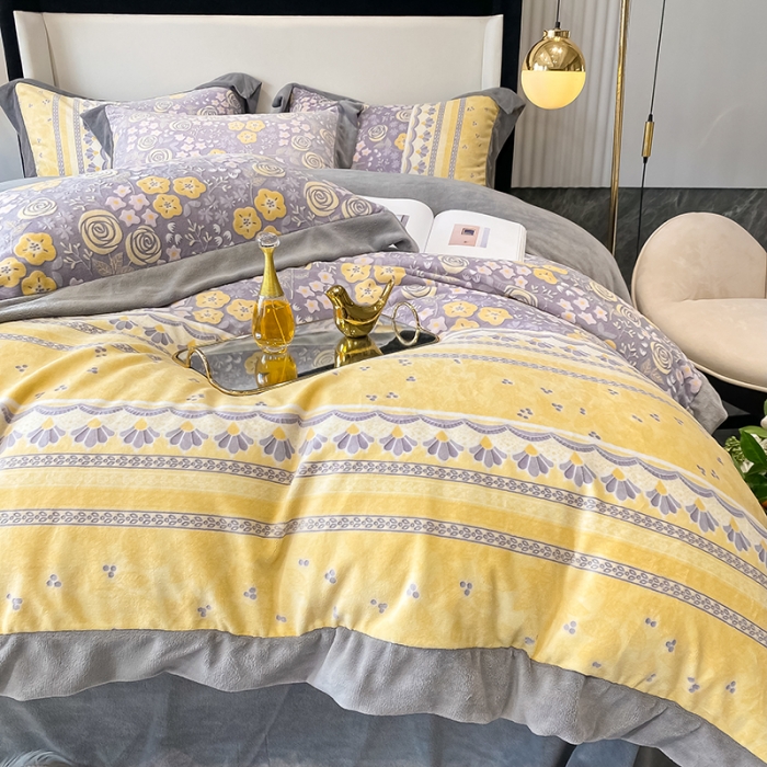 91家纺网 家纺一手货源 找家纺 吾秀 2021秋冬新款三维彩雕绒四件套 花田印象-黄灰