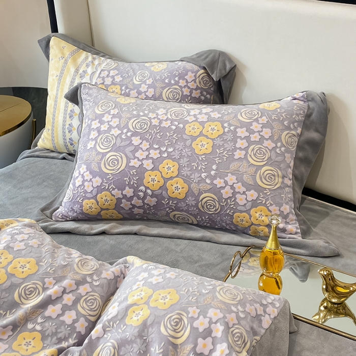 91家纺网 家纺一手货源 找家纺 吾秀 2021秋冬新款三维彩雕绒四件套 花田印象-黄灰