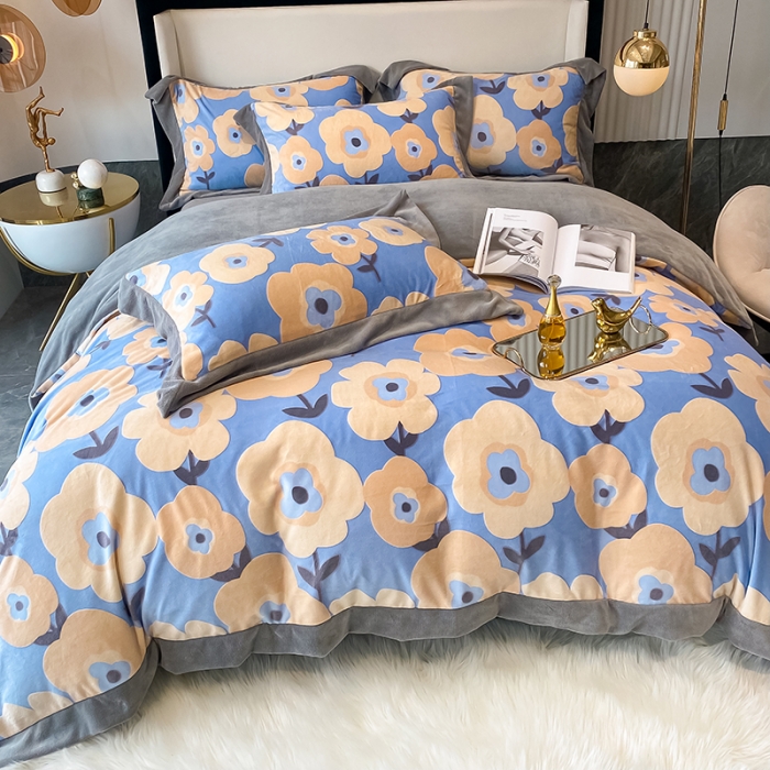 91家纺网 家纺一手货源 找家纺 吾秀 2021秋冬新款三维彩雕绒四件套 花艺-蓝